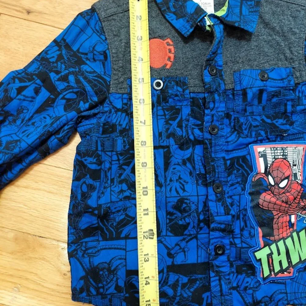 DISNEY STORE MARVEL Boys 4 LONG SLEEVED SHIRT SPIDERMAN Embroidered‎ BLUE Button